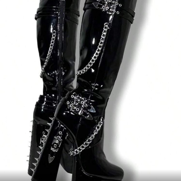 Shoes - Black Patent Leather Knee-High Boots with Chains